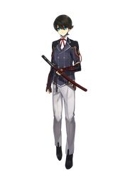  1boy aqua_eyes black_hair double-breasted full_body highres horikawa_kunihiro katana kote male_focus notched_lapels official_art sheath sheathed shiramine_(srmn09) shoes short_hair simple_background solo sword touken_ranbu transparent_background weapon 