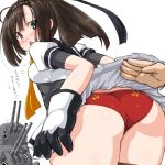  1girl admiral_(kantai_collection) ahoge akizuki_(kantai_collection) ass assisted_exposure bent_over black_hair chou-10cm-hou-chan clothes_writing dd_(ijigendd) from_behind gloves grey_eyes hairband kantai_collection long_hair looking_back open_mouth panties pleated_skirt ponytail puffy_short_sleeves puffy_sleeves red_panties school_uniform serafuku short_sleeves simple_background skirt skirt_lift solo_focus sweatdrop translation_request turret underwear white_background 