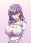  1girl :o alternate_costume arms_behind_back breasts bust cleavage cleavage_cutout fate/stay_night fate_(series) gradient gradient_background hair_ribbon highres large_breasts long_hair matou_sakura open-chest_sweater purple_background purple_hair ribbed_sweater ribbon solo souyoku sweater turtleneck violet_eyes 
