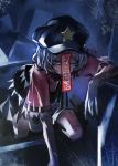  1girl blue_eyes blue_hair bow grave graveyard hat jiangshi kozou_(soumuden) looking_at_viewer miyako_yoshika ofuda one_eye_closed shirt short_hair short_sleeves skirt solo star text touhou vest 