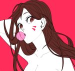  1girl arm_behind_back arm_up bangs bare_shoulders breasts brown_eyes brown_hair bubble_blowing bubblegum cleavage collarbone d.va_(overwatch) eyelashes facepaint facial_mark gum hand_on_head long_hair looking_at_viewer medium_breasts nude overwatch red_background simple_background solo swept_bangs whisker_markings 