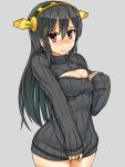  1girl alternate_costume black_hair blush breasts brown_eyes cleavage cleavage_cutout cowboy_shot embarrassed grey_background hair_ornament hairclip hand_on_own_chest haruna_(kantai_collection) headgear kantai_collection long_hair looking_at_viewer open-chest_sweater ribbed_sweater seraphwia simple_background sleeves_past_wrists solo sweater sweater_tug turtleneck 