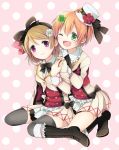  2girls ;d brown_hair clover four-leaf_clover green_eyes hair_ornament hairband hat hoshizora_rin kneeling koizumi_hanayo looking_at_viewer love_live!_school_idol_project mini_top_hat multiple_girls one_eye_closed open_mouth pleated_skirt short_hair sitting skirt smile soranagi thigh-highs top_hat violet_eyes wariza zettai_ryouiki 