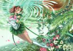  1girl art_nouveau bishoujo_senshi_sailor_moon boots bow brooch brown_hair character_name choker eclosion elbow_gloves expressionless flower gloves green green_eyes green_skirt jewelry kino_makoto knee_boots leaf lily_(flower) magical_girl petals pillar pink_rose ribbon rose sailor_collar sailor_jupiter short_hair skirt solo super_sailor_jupiter_(stars) tiara vines white_gloves 