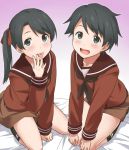  2girls :p black_eyes black_hair black_legwear blush hair_ribbon kantai_collection long_hair long_sleeves looking_at_viewer mikuma_(kantai_collection) mogami_(kantai_collection) multiple_girls open_mouth ribbon school_uniform serafuku short_hair shorts skirt smile tongue tongue_out twintails youkan 