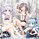  3girls bathing bikini black_hair blue_bikini blue_eyes blue_hair breasts cirno cleavage collarbone commentary_request crossed_legs forest hair_ornament hat horns ice ice_wings kijin_seija letty_whiterock licking_lips multicolored_hair multiple_girls nature one_eye_closed popsicle purple_hair school_swimsuit shaved_ice sitting smile snow snowing streaked_hair striped striped_swimsuit swimsuit touhou tsurukou_(tksymkw) violet_eyes wings winter 
