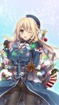  1girl ;d atago_(kantai_collection) bankoku_ayuya black_gloves black_legwear blonde_hair breasts christmas christmas_lights cowboy_shot fur_collar gloves hat kantai_collection large_breasts long_hair machinery one_eye_closed open_mouth pantyhose smile solo stocking_stuffer uniform watermark web_address 