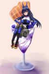  1girl black_hair blueberry blush bodysuit boots breasts ch2o chestnut_mouth fingerless_gloves food fruit glass gloves hair_ornament hair_tubes highres honda_futayo in_food knee_boots kyoukaisenjou_no_horizon long_hair minigirl parfait partially_submerged ponytail sitting solo vambraces violet_eyes waffle 