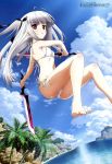  1girl absolute_duo absurdres ass bangs bare_legs barefoot bikini blunt_bangs dual_wielding highres long_hair parted_lips scan side-tie_bikini small_breasts solo string_bikini swimsuit sword two_side_up violet_eyes weapon white_bikini white_hair white_swimsuit yurie_sigtuna 
