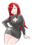  1girl breasts cleavage cleavage_cutout contrapposto drawfag grin hair_over_one_eye hand_on_hip large_breasts lips lipstick long_hair makeup parasoul_(skullgirls) redhead skullgirls slender_waist smile solo sweater_dress yellow_eyes 