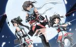  3girls aircraft_catapult asymmetrical_legwear bare_shoulders black_eyes black_gloves black_hair black_legwear black_skirt crane double_bun elbow_gloves fingerless_gloves frilled_skirt frills full_moon gloves hair_ornament headband jintsuu_(kantai_collection) kantai_collection long_hair looking_at_viewer machinery microphone moon multiple_girls naka_(kantai_collection) neckerchief night night_sky pleated_skirt sailor_collar scarf sendai_(kantai_collection) short_hair skirt sky smile tokino white_gloves white_legwear white_scarf white_skirt 