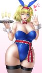  1girl alice_margatroid animal_ears blonde_hair blue_eyes bowtie breasts bunny_tail bunnysuit cleavage detached_collar hairband highres one_eye_closed ototarou rabbit_ears sash short_hair tail thigh-highs touhou wide_hips wrist_cuffs 