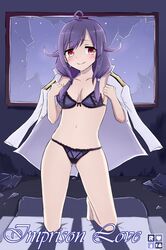  1girl ahoge bare_legs barefoot blush bra breasts broken_window collarbone cover cover_page doujin_cover hair_flaps highres jacket_on_shoulders kantai_collection kneeling looking_at_viewer navel neit_ni_sei night panties purple_bra purple_hair purple_panties red_eyes smile solo taigei_(kantai_collection) tears underwear 