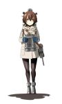  1girl absurdres alternate_legwear binoculars black_legwear blush brown_eyes brown_hair coat full_body headgear highres kantai_collection looking_at_viewer pantyhose scarf short_hair simple_background smile solo standing wamwam white_background winter_clothes winter_coat yukikaze_(kantai_collection) 