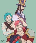  3boys blue_hair brown_hair bullet caitlyn_(league_of_legends) earrings facial_hair formal genderswap gloves grin hat jewelry jinx_(league_of_legends) league_of_legends male multiple_boys pauldrons pink_hair ponytail red_eyes shirtless simple_background smile star_wars suqling tattoo vi_(league_of_legends) 