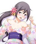  1girl akebono_(kantai_collection) bell bust collarbone floral_print flower hair_bell hair_flower hair_ornament japanese_clothes kantai_collection kimono looking_at_viewer obi off_shoulder open_mouth sash side_ponytail solo tomokichi violet_eyes white_background 