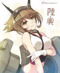  1girl breasts brown_hair gloves green_eyes headgear huyukaaki kantai_collection mutsu_(kantai_collection) smile solo twitter_username white_gloves 