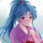  1girl blue_hair blush botan_(yuu_yuu_hakusho) japanese_clothes kimono pink_eyes ponytail smile solo tears tomozero yuu_yuu_hakusho 