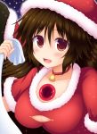  1girl blush brown_hair christmas hat long_hair nagana_sayui red_eyes reiuji_utsuho santa_costume santa_hat solo third_eye touhou 