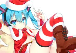  1girl aqua_eyes aqua_hair boots cross-laced_footwear hat hatsune_miku headphones long_hair megalateo navel santa_hat smile solo striped striped_legwear thigh-highs twintails vocaloid 