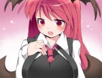  1girl bat_wings between_breasts blush breasts bust commentary_request hammer_(sunset_beach) head_wings koakuma large_breasts long_hair necktie necktie_between_breasts open_mouth red_eyes redhead smile solo touhou wings 