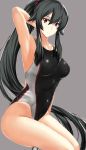  1girl absurdres arm_up armpits black_hair breasts competition_swimsuit cowboy_shot grey_background highres kantai_collection long_hair looking_at_viewer one-piece_swimsuit ponytail red_eyes simple_background sitting solo sweat swimsuit thighs very_long_hair wamwam yahagi_(kantai_collection) 