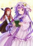  2girls ^_^ ama-tou bat_wings book bow brown_hair closed_eyes hair_bow hair_ribbon highres holding holding_book koakuma long_hair mob_cap multiple_girls parted_lips patchouli_knowledge purple_hair ribbon smile touhou violet_eyes wings 