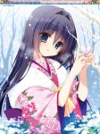  1girl absurdres blue_eyes highres japanese_clothes kimono long_hair nanaka_mai purple_hair shawl snow snowing tagme tress 
