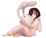  1girl 34_(hakunimu) animal_costume animal_head barefoot black_hair bunny_costume full_body hair_over_one_eye ikezawa_hanako katawa_shoujo long_hair parted_lips scar sitting soles solo toes violet_eyes 