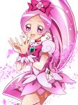  1girl :d absurdres blush bow brooch choker cure_blossom earrings hair_bow hanasaki_tsubomi heartcatch_precure! highres jewelry long_hair magical_girl open_mouth pink_eyes pink_hair pink_skirt ponytail precure ribbon sharumon skirt smile solo white_background wrist_cuffs 