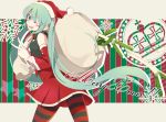  1girl ;q aqua_hair blue_eyes blush_stickers detached_sleeves gloves hat hatsune_miku kokoa_(ikaretemasugananika) long_hair looking_at_viewer merry_christmas one_eye_closed santa_hat solo striped striped_legwear tongue tongue_out twintails v vocaloid white_gloves 