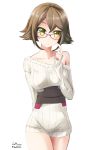  1girl alternate_costume arm_behind_back bespectacled blush brown_hair cowboy_shot dated glasses highres kantai_collection mutsu_(kantai_collection) nekobaka off_shoulder red-framed_glasses ribbed_sweater short_hair simple_background solo sweater twitter_username white_background yellow_eyes 