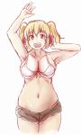  1girl arm_up armpits bikini_top blonde_hair blush breasts cleavage headphones huge_breasts looking_at_viewer navel nitroplus open_mouth orange_eyes plump shigekikkusu short_hair short_shorts shorts smile solo super_pochaco swimsuit twintails white_swimsuit 