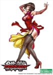  1girl anna_williams armpits bangs bare_shoulders blue_eyes breasts bridal_gauntlets brown_hair china_dress chinese_clothes cleavage cleavage_cutout clothing_cutout dress elbow_gloves female garter_straps gloves high_heels large_breasts lipstick makeup namco parted_lips pumps red_footwear shoes short_hair side_slit solo tekken tekken_tag_tournament_2 thigh-highs thighhighs white_background yamashita_shun&#039;ya 