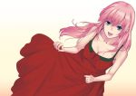 1girl :d bare_shoulders blue_eyes breasts collarbone din_(raiden) dress dutch_angle long_hair looking_at_viewer megurine_luka open_mouth pink_hair red_dress smile solo vocaloid 