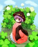  1girl :o bowl bowl_hat clover flower four-leaf_clover frilled_kimono highres looking_at_viewer looking_back minigirl purple_hair red_eyes s_katsuo short_hair sukuna_shinmyoumaru touhou 