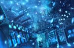  1girl blue bou_nin building city city_lights cityscape dark dress dutch_angle highres light_particles long_hair original road scenery shawl sky solo stairs street 