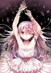  1girl :d armpits arms_up bare_shoulders dress flower flower_on_head long_hair looking_at_viewer open_mouth opopowa original red_eyes silver_hair smile solo white_dress 
