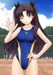  1girl arena_(company) black_hair blue_eyes competition_swimsuit fate/stay_night fate_(series) fuuma_nagi grin hand_on_hip long_hair one-piece_swimsuit smile swimsuit toosaka_rin two_side_up waving wink 