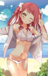  1girl bare_shoulders beach bikini blush clouds cowboy_shot dappled_sunlight grin hair_ribbon highres horizon kantoku_(style) kawai_(purplrpouni) looking_at_viewer navel original pink_hair ribbon sky smile solo swimsuit thigh_gap v white_bikini white_swimsuit wink 