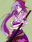  1girl belt bow crossed_arms hair_bow hair_ribbon katana long_hair ponytail purple_hair red_eyes rhox_(sukurasa) ribbon smile solo sword touhou watatsuki_no_yorihime weapon 