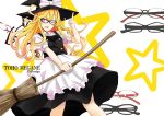 1girl bespectacled blonde_hair broom glasses hat kirisame_marisa long_hair nabeshima_tetsuhiro one_eye_closed open_mouth smile solo touhou violet_eyes witch_hat 