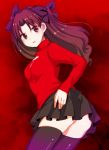  1girl ass black_legwear black_skirt brown_eyes brown_hair cowboy_shot cross fate/stay_night fate_(series) hair_ribbon long_hair long_sleeves looking_back open_mouth pleated_skirt ribbon skirt solo tennen_buri thighhighs toosaka_rin two_side_up 