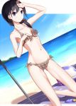  1girl atha_(leejuiping) ball beach beachball bikini black_hair long_hair original solo swimsuit violet_eyes 