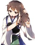  1girl adjusting_hair blue_skirt brown_eyes brown_hair hair_ribbon kaga_(kantai_collection) kantai_collection long_hair luruko61 mouth_hold muneate ribbon simple_background skirt solo tasuki white_background 