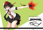  1girl bespectacled black_hair fan glasses hat leaf nabeshima_tetsuhiro necktie open_mouth outstretched_arms red_eyes shameimaru_aya short_hair solo spread_arms tokin_hat touhou 
