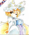  1girl absurdres blonde_hair breasts colored_pencil_(medium) eyelashes fox_tail gokuu_(acoloredpencil) hands_in_sleeves hat heart highres large_breasts looking_at_viewer multiple_tails one_eye_closed short_hair signature simple_background slit_pupils solo tabard tail touhou traditional_media white_background wide_sleeves yakumo_ran yellow_eyes 