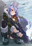  1girl battlefield_(series) battlefield_4 boots breasts cleavage clouds fur_hat goggles goggles_around_neck gun hat helicopter is_ii long_hair one_knee purple_hair red_eyes ribbed_legwear sky solo taking_cover thigh-highs trigger_discipline vertical_foregrip weapon 