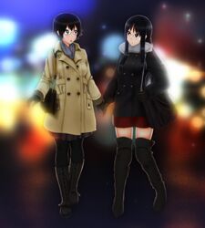  2girls bespectacled black_eyes black_hair blue_eyes boots coat glasses highres k-on! manabe_nodoka multiple_girls pantyhose sasaken takahashi_fuuko thigh-highs thigh_boots 