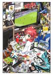  absurdres ball black_eyes book brazuca computer computer_mouse controller cup daibajoujisan from_above game_controller highres lanyard laptop looking_back mousepad_(object) mug original oversized_clothes portuguese poster_(object) redhead remote_control shoes sitting soccer soccer_ball soccer_uniform solo sportswear tagme television xbox 